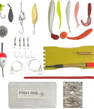 Fish Rig Travel Fishing Tackle Box + Tackle. 30 Essential Angling Tackle Items + How to Fish Guide. By Rigged and Ready