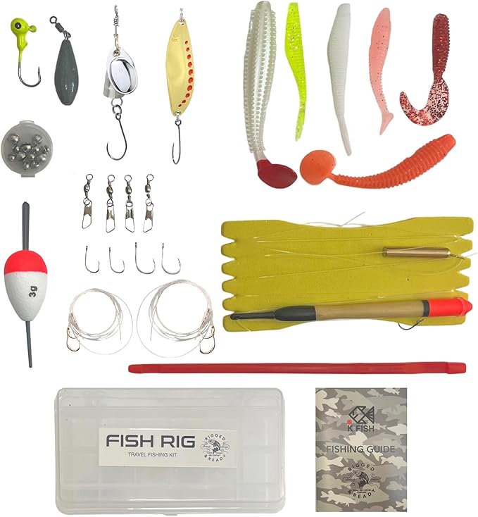 Fish Rig Travel Fishing Tackle Box + Tackle. 30 Essential Angling Tackle Items + How to Fish Guide. By Rigged and Ready