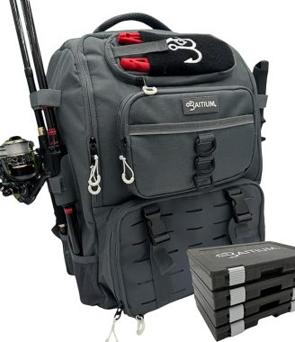 Fishing Backpack, Tackle Bag With Rod Holders, 40L Capacity With Cooler, Rain Cover, Insulated Pocket, 4 Tackle Trays Included - (Grey)