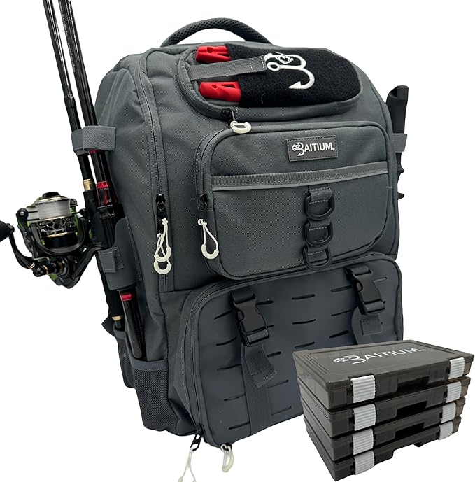 Fishing Backpack, Tackle Bag With Rod Holders, 40L Capacity With Cooler, Rain Cover, Insulated Pocket, 4 Tackle Trays Included - (Grey)