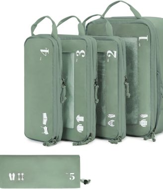 ECOHUB 5 Set Compression Packing Cubes for Suitcases Organiser Bags Set Travel Essentials with Shoe Bags for Travel Tear-resistant Travel Accessories with ID Tag Expandable Packing Bags(Green)
