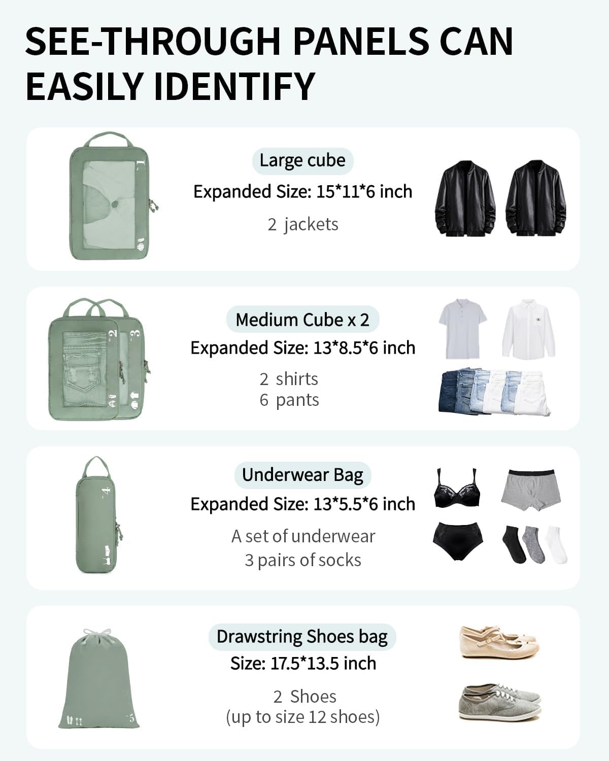 ECOHUB 5 Set Compression Packing Cubes for Suitcases Organiser Bags Set Travel Essentials with Shoe Bags for Travel Tear-resistant Travel Accessories with ID Tag Expandable Packing Bags(Green) - Image 6