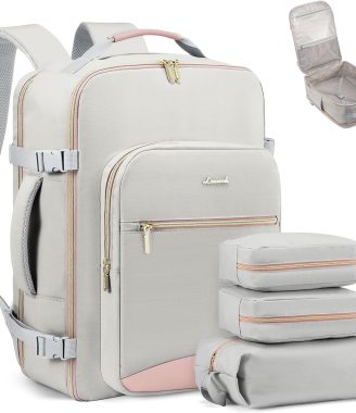 LOVEVOOK Carry on Travel Backpack, 40L Waterproof Large 17inch Laptop Luggage Daypack as Personal Item Flight Approved, Business Weekender Overnight with 3 Packing Cubes, Light gray-Pink